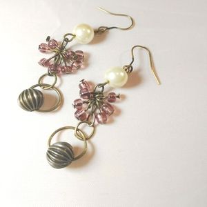 Faux pearl, glass and bronze drop earrings